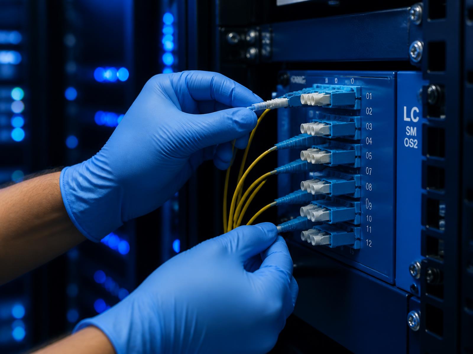 Técnico conectando cordões ópticos em DIO dentro de datacenter