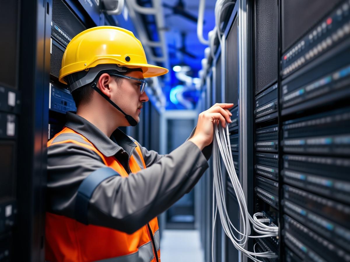 Engenheiro realizando smart hands em racks de datacenter